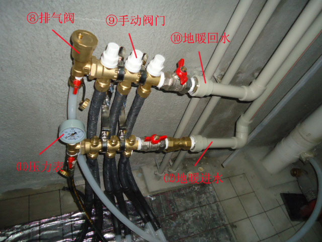 与锅炉连接的温控面板  第一步:打开 2,3,4,( 10,12地暖进回水阀门